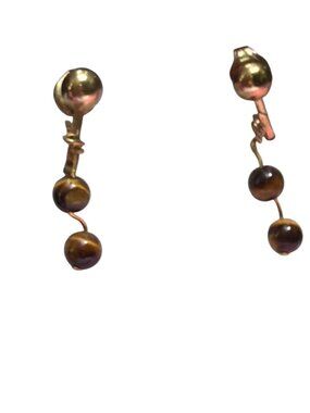 Vintage Gold Tone Tigers Eye Bead Clip On Earrings Drop 1.25" Lightweight Estate